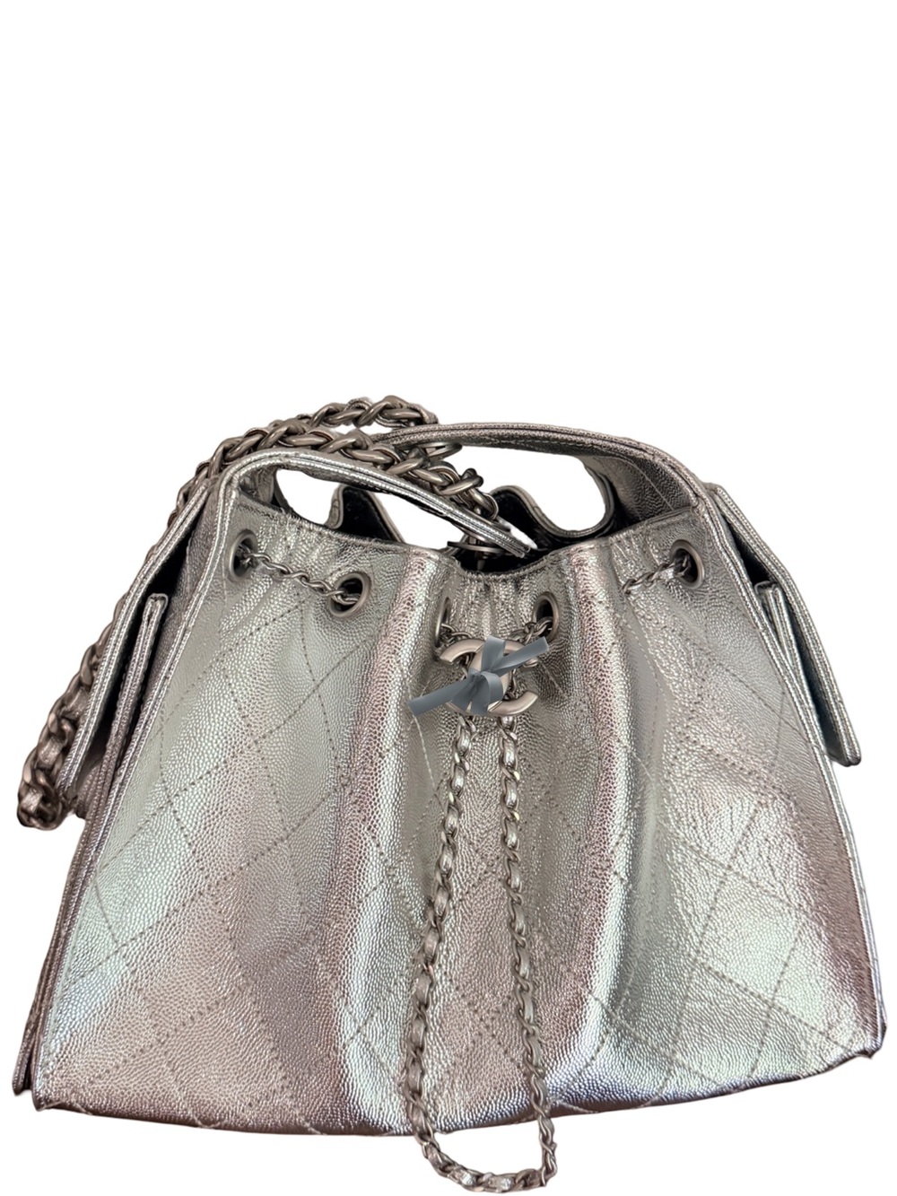 Metallic Caviar Silver Quilted Hobo Bag